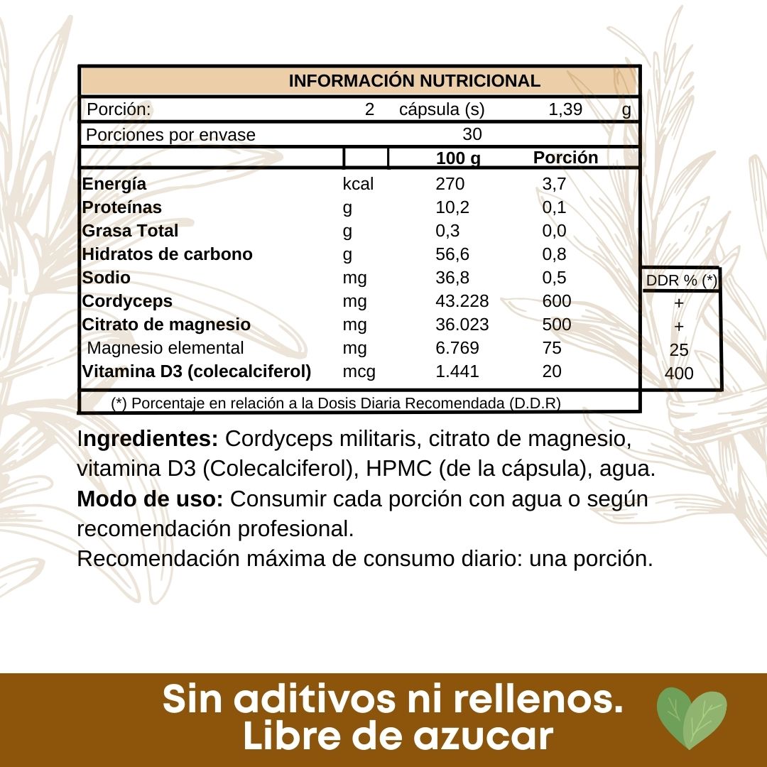 POWERVITAL Cápsulas Cordyceps, Citrato de magnesio y Vitamina D