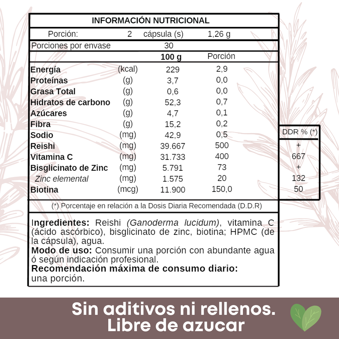 REISHI PLUS Hogo Reishi Biotina Vitamina C y Zinc